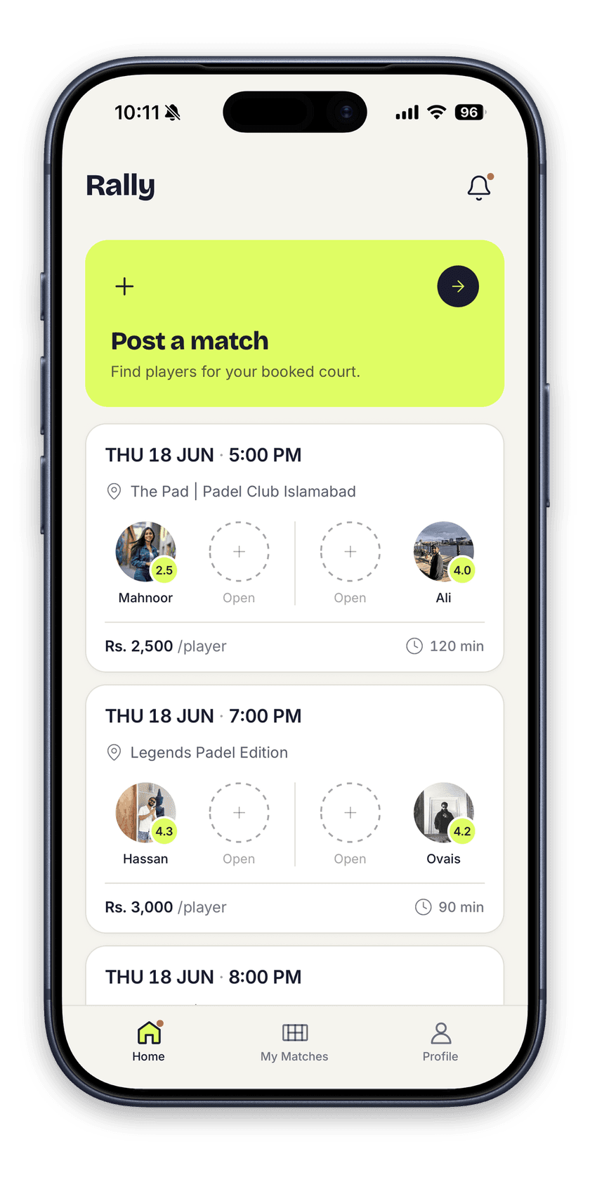 The Rally app showing the match feed near you
