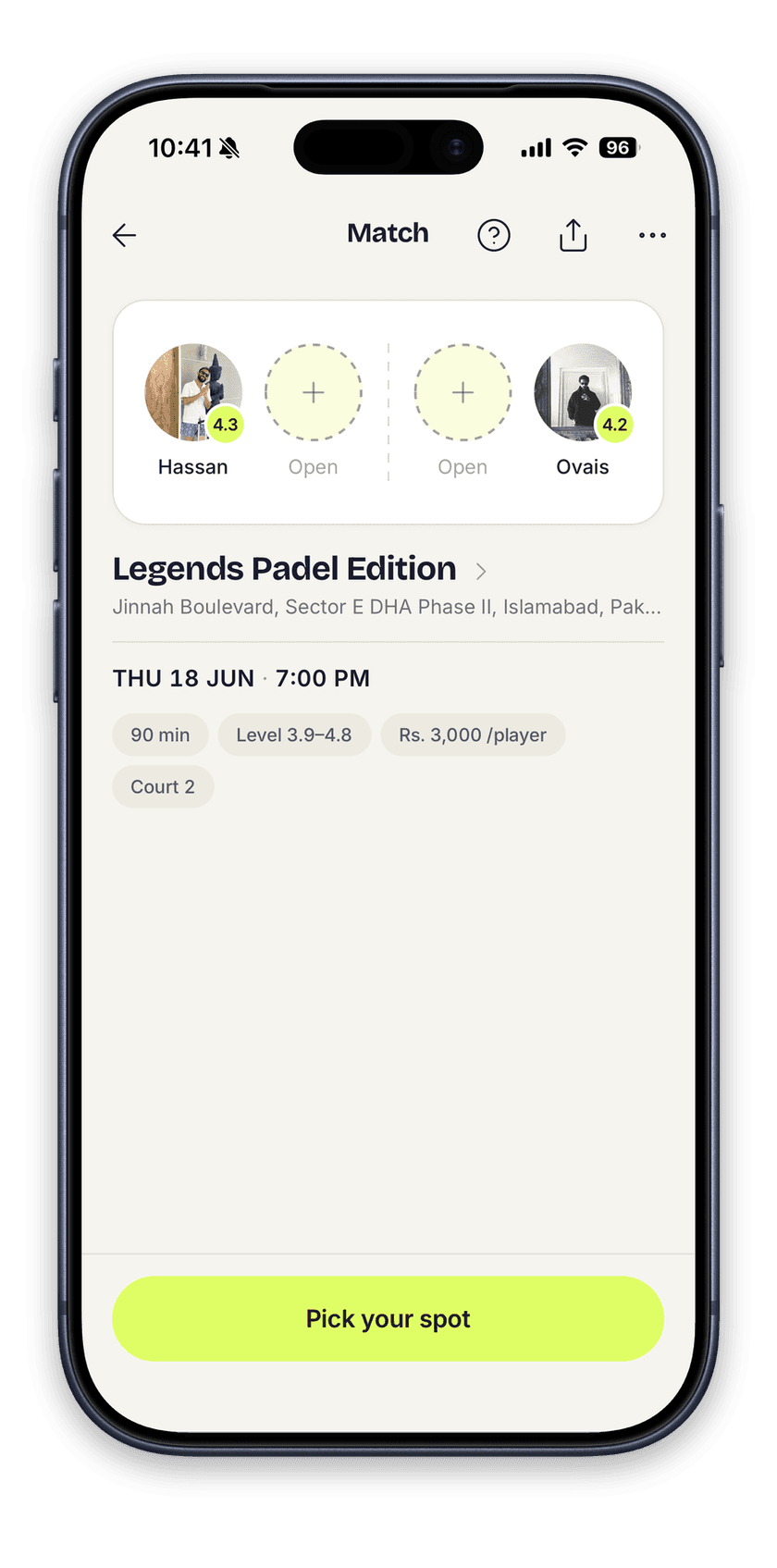 The Rally app showing a match with players and an open spot
