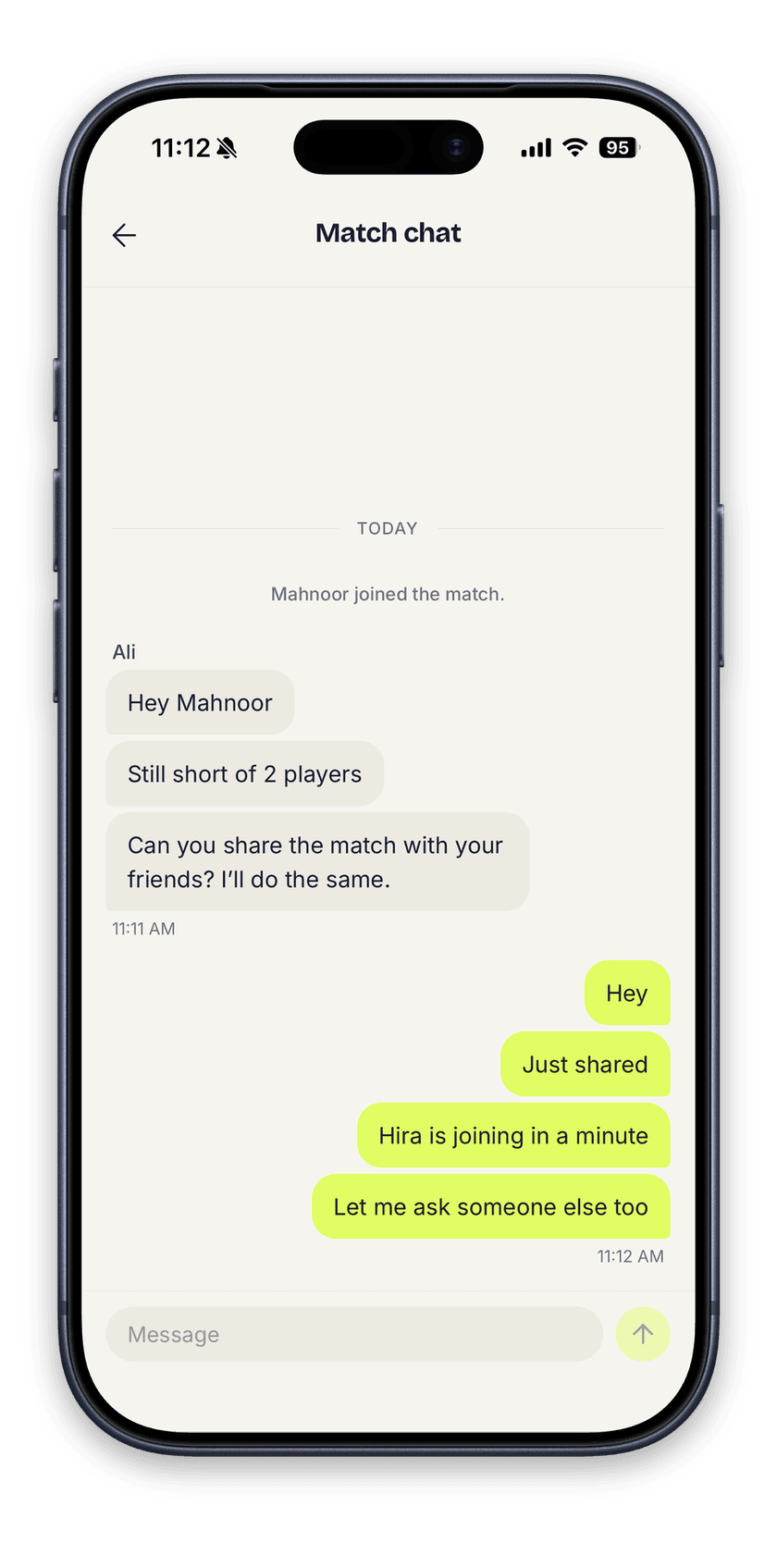 The Rally app showing the in-match chat