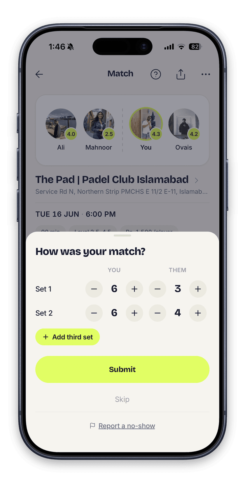 The Rally app showing score entry for a finished match