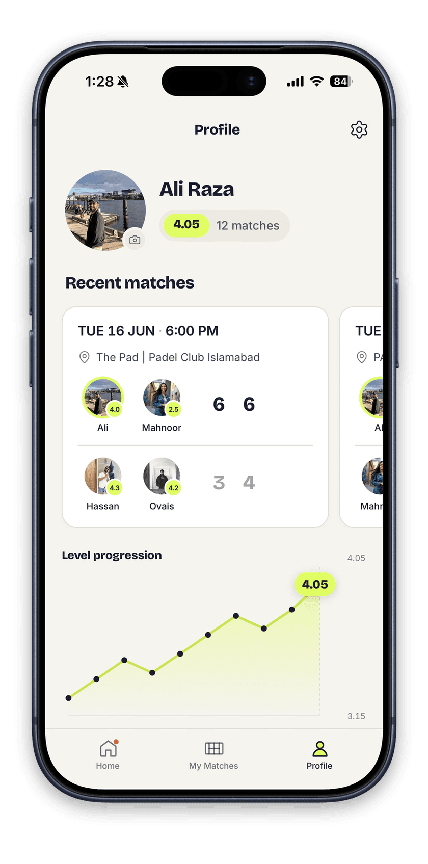 The Rally app showing a player profile with level progression
